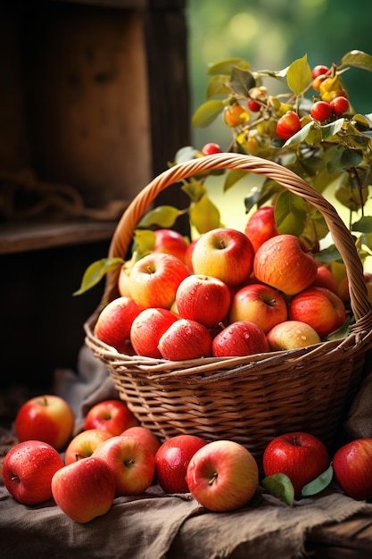 image verticale d'un panier de pommes organiques rouges mûres sur un fond de jardin flou