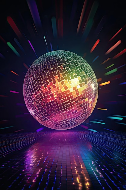 Image verticale d'une superbe boule disco avec de fantastiques lumières colorées et un arrière-plan vibrant de couleurs AI générative