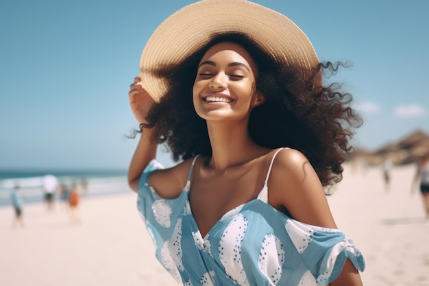 Image vibrante d'une jeune femme noire heureuse avec des cheveux afro appréciant l'environnement de la plage Parfait pour les visuels sur le bonheur de plage et la diversité