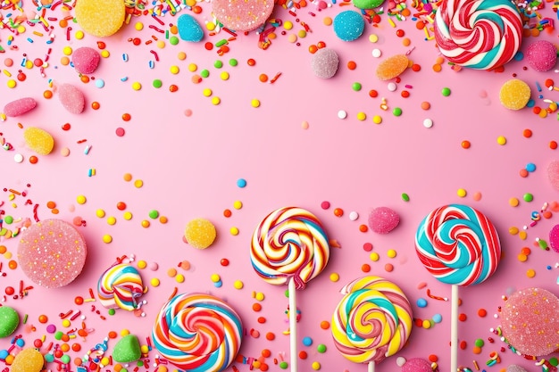 Une image vibrante mettant en vedette un assortiment de sucettes et d'aspersions colorées éparpillées sur un fond rose Arrière-plan d'anniversaire sur le thème des bonbons rempli de sucette et de bonbons généré par l'IA