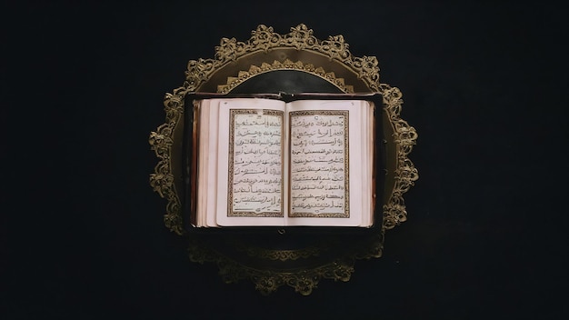 Photo une image de la vie morte du coran, le livre sacré des musulmans sur un fond noir foncé