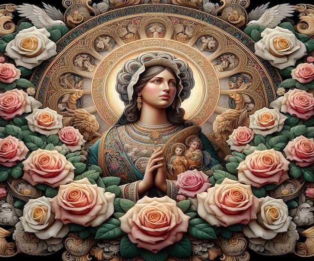 Photo une image d'une vierge marie avec des roses et le mot dieu