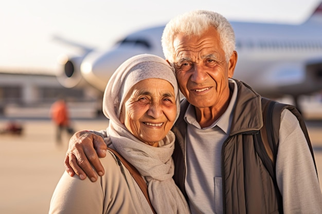 Image d'un vieux couple arabe heureux au terminal de l'aéroport