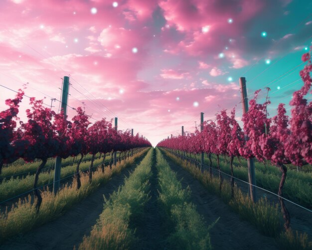 Photo une image d'un vignoble avec ciel rose et étoiles