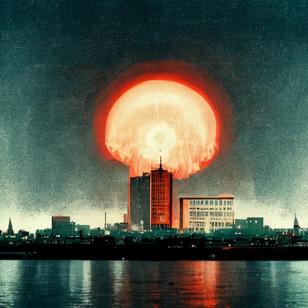 Une image d'une ville avec une explosion nucléaire dans le ciel.