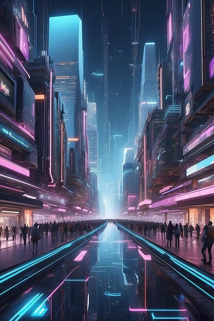 Image d'une ville virtuelle dans le métavers futuriste numérique interconnecté immersif animé génératif ai