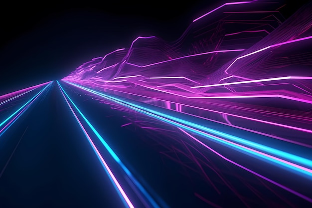 Une image violette et bleue d'une route avec des lumières dessus