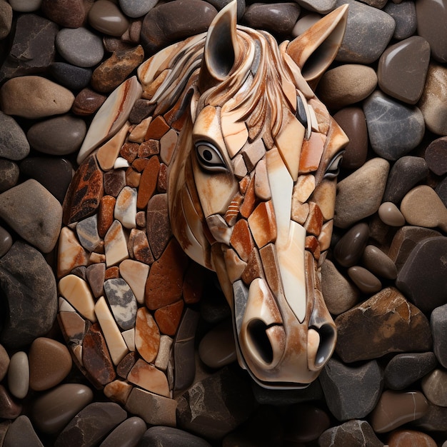 Image d'un visage de cheval fait avec diverses pierres rassemblées Animales sauvages Illustration IA générative
