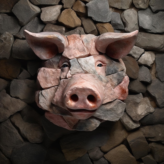 Image d'un visage de cochon fait avec diverses pierres rassemblées Animaux de la ferme Illustration Generative AI
