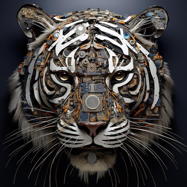 Image d'un visage de tigre en acier et divers métaux sur fond propre Illustration d'animaux de la faune AI générative