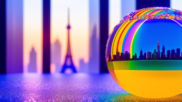 Une image vivante d'une balle de couleur arc-en-ciel avec une ville en arrière-plan