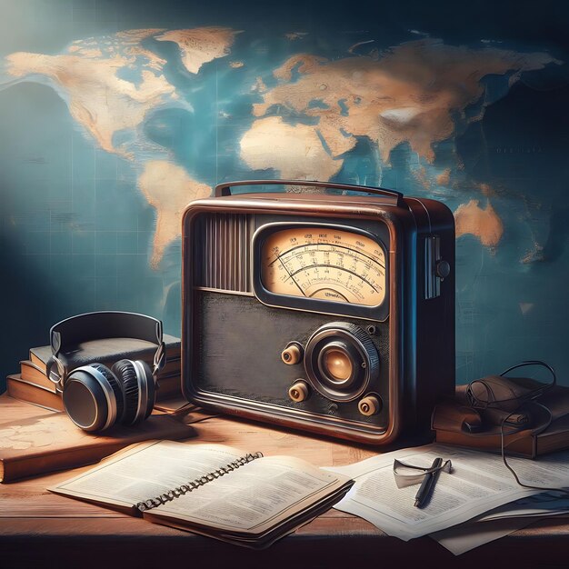 Photo image de voeux pour la journée mondiale de la radio avec radio et monde
