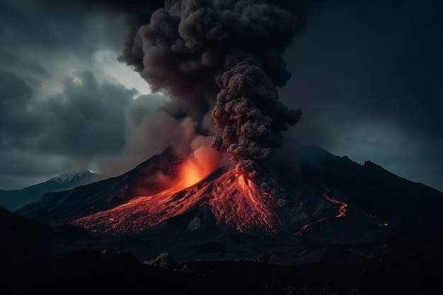 Une image d'un volcan avec de la fumée qui en sort