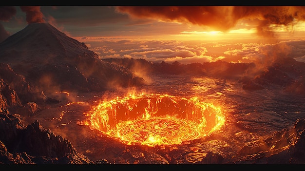 une image d'un volcan avec une photo d'une fosse de feu au milieu