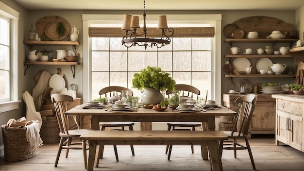 Photo une image de votre table de cuisine de la ferme mis pour un repas chaud et accueillant hmessage sur le det rustique