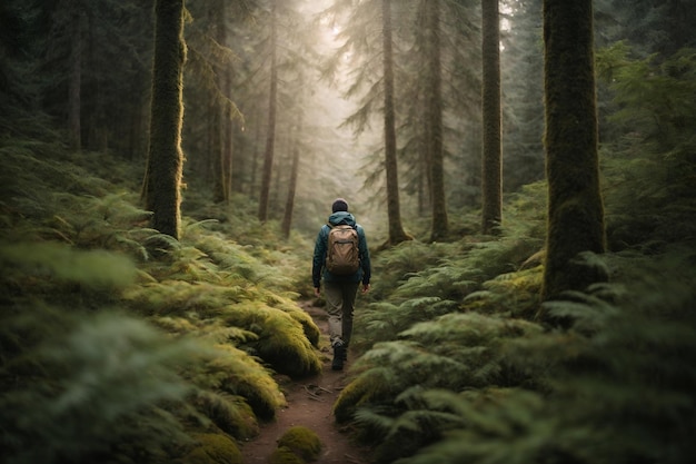 Image d'un voyageur marchant à travers une forêt dense dans une nature sauvage isolée