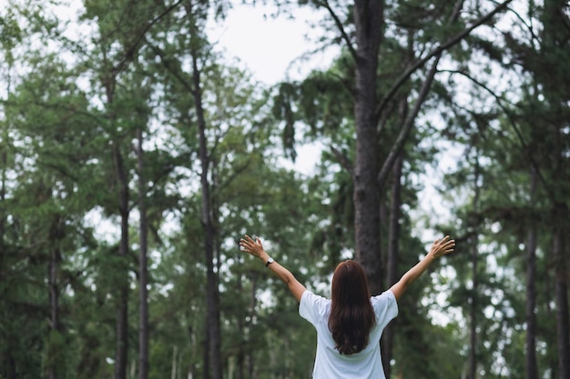 Image de la vue arrière d'une femme avec les bras s'élevant dans le parc