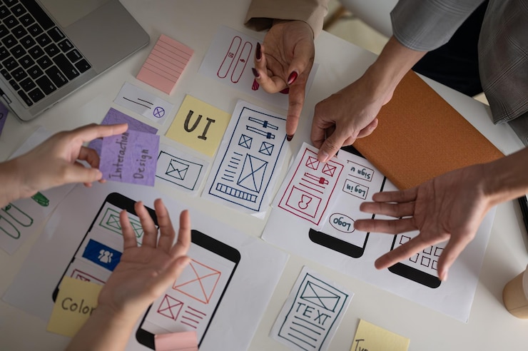 Photo image vue de dessus d'une équipe de graphistes ux ui votant un prototype parfait lors de la réunion
