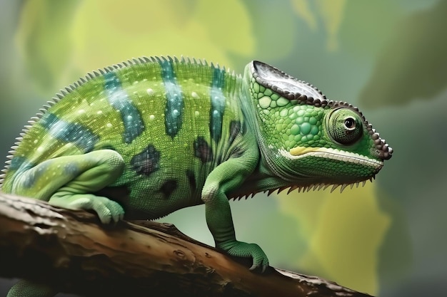 Image de la vue latérale d'un caméléon vert sur une branche sur fond naturel Illustration de reptiles d'animaux sauvages AI générative