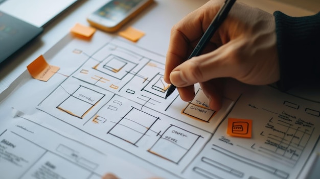 Image Zoom d'une main qui organise un storyboard pour un documentaire sur le sol économique durable mondial