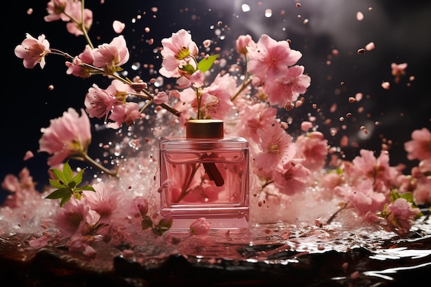 Imagerie haute définition de parfums et de fleurs dans un décor minimaliste en plein air