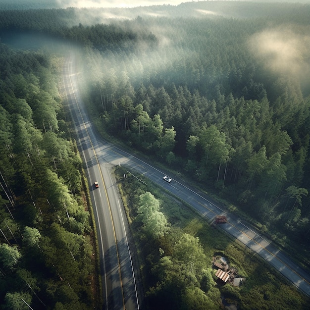 images aériennes de la route d'été dans une forêt