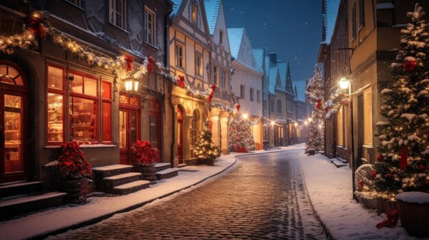 Les images Christmas Glow Stock de la vieille ville capturent une charmante rue la nuit de Noël dans une vieille ville européenne