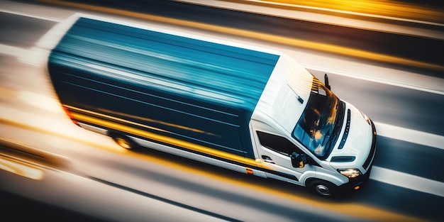 Des images de drones montrent un véhicule de fret en mouvement sur l'autoroute Logistics transport