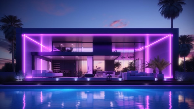 Photo images d'éclairage led violet extérieur de maison moderne, art généré par ai