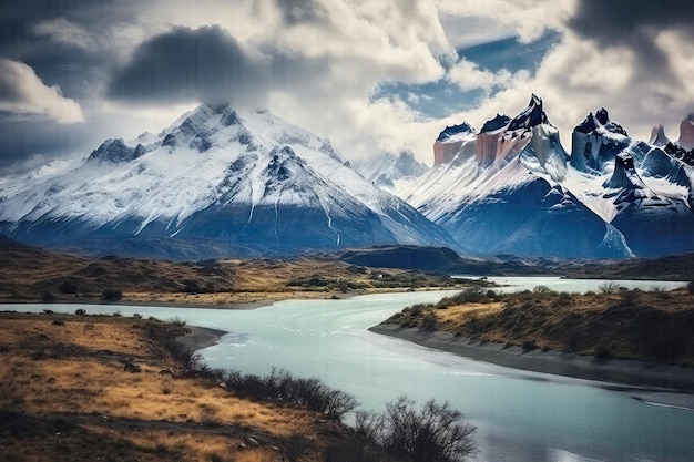 Des images époustouflantes des montagnes enneigées de la Patagonie sous un ciel nuageux spectaculaire