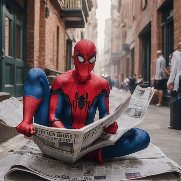 Images générées par l'IA du personnage de Marvel Spider-Man lisant un journal