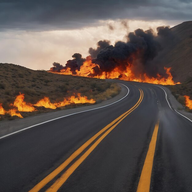 Photo images générées par l'ia de flammes brûlantes sur une longue route humide