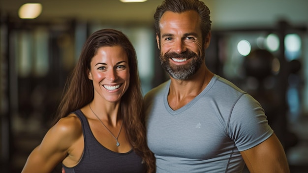 Les images d'un homme et d'une femme joyeux représentent une idée de studio de fitness réussie GENERATE AI