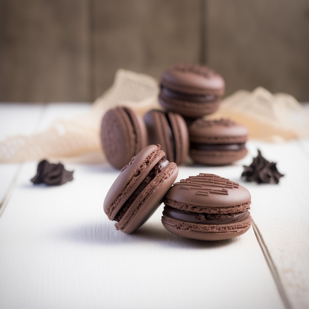 Images d'illustration de style vintage de table en bois de macarons au chocolat