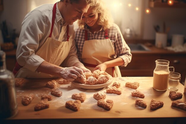 Des images ludiques d'un couple cuisinant un cuisinier en forme de cœur 00146 01