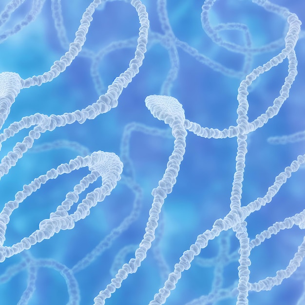 Photo images microscopiques des nœuds et du système de maillons de chaîne d'adn dans l'illustration 3d de l'état biologique