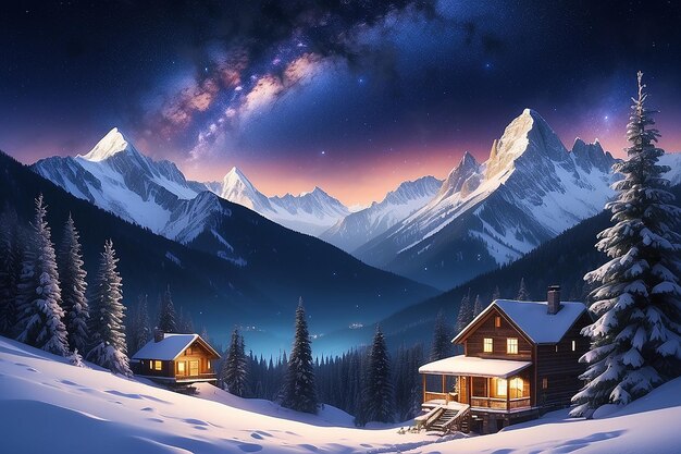 Des images de montagnes nocturnes d'hiver avec des maisons et des arbres et le ciel nocturne