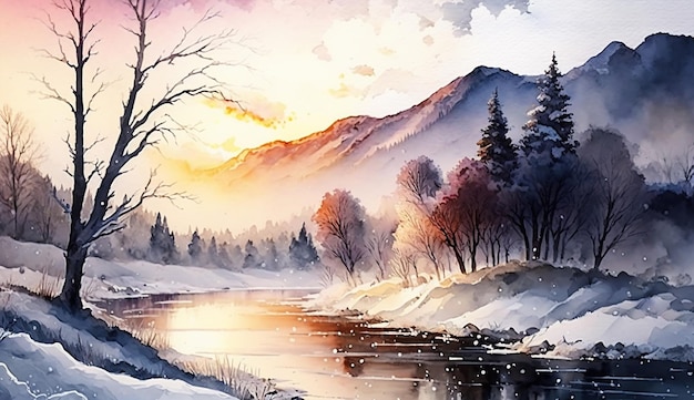 Images de peinture à l'aquarelle de montagne enneigée de paysage d'hiver générées par AI