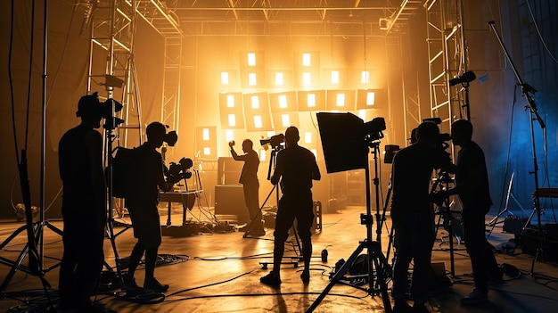 Images de silhouette de la production vidéo dans les coulisses de la réalisation d'un film publicitaire télévisé que l'équipe de tournage Lightman et le caméraman travaillent ensemble avec le réalisateur dans le concept de production cinématographique en studio