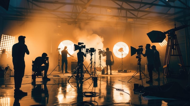 Des images de silhouette de la production vidéo dans les coulisses de la réalisation d'une publicité télévisée. L'équipe de l'équipe de tournage, le photographe et le caméraman travaillent ensemble avec le réalisateur dans le concept de production de film en studio.