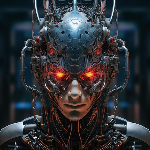 Images tête de cyborg yeux rouges Generative AI