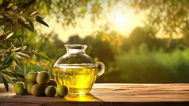 Imaginez une bouteille d'huile d'olive sur une table en bois placée entre une forêt d'oliviers.