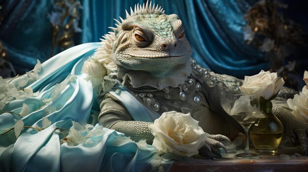 Imaginez un caméléon chic dans une robe de soirée aux paillettes.