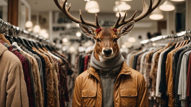 Imaginez un cerf à la mode parcourant un magasin de vêtements en essayant différentes tenues Capture t