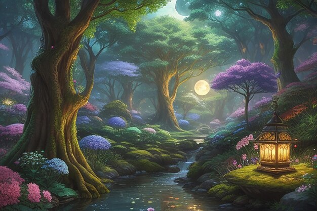 Imaginez une forêt mystique remplie de fleurs vibrantes et d'une verdure luxuriante, tout éclairé par la douce lueur de la lune.