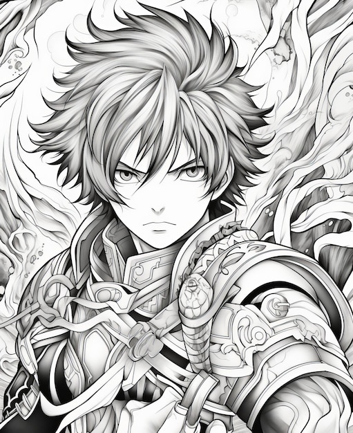 Photo imaginez la page de coloriage dynamique de manga hero pour les enfants renforçant le tir d'action avec des épées