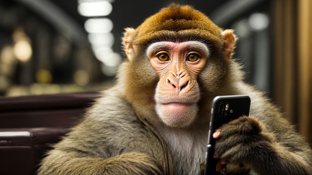 Imaginez un singe expérimenté avec un smartphone absorbé par les médias sociaux et prenant des selfies.