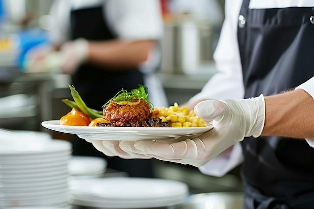 Photo imaginez une vue d'en haut d'une table de chefs avec un plat magnifiquement disposé qui combine traditionnel