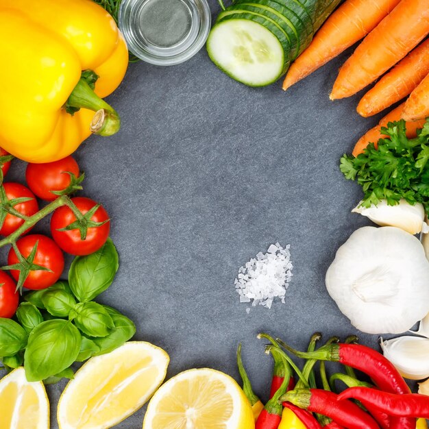 Photo immédiatement au-dessus des fruits et légumes sur la table