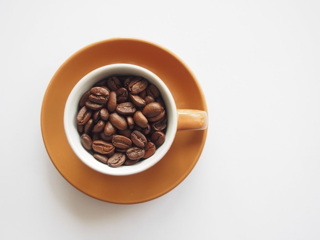 Immédiatement au-dessus de la photo de grains de café torréfiés dans une tasse sur fond blanc
